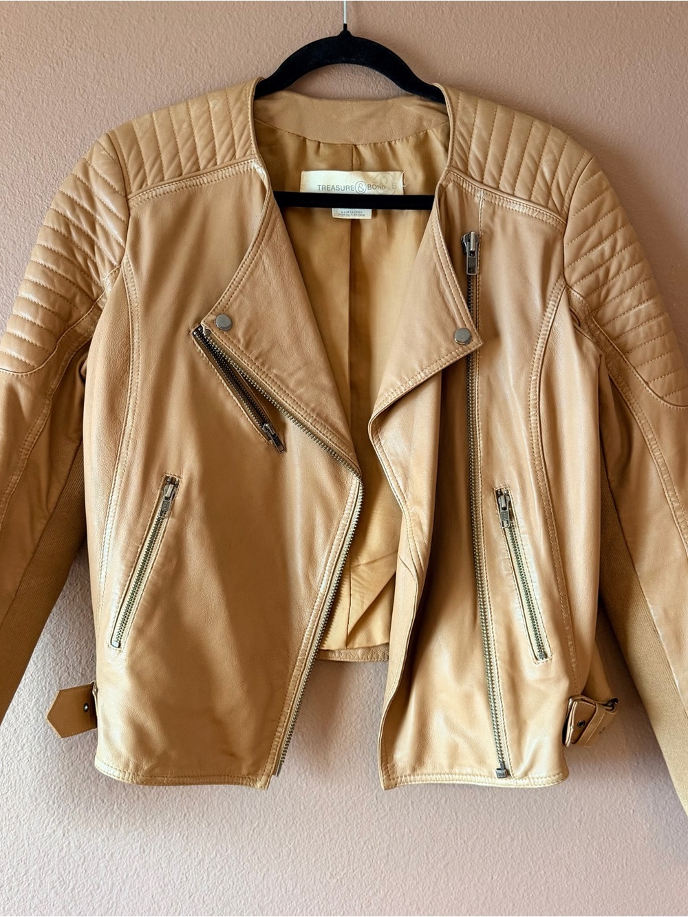Treasure & Bond Tan Faux Leather Moto Jacket